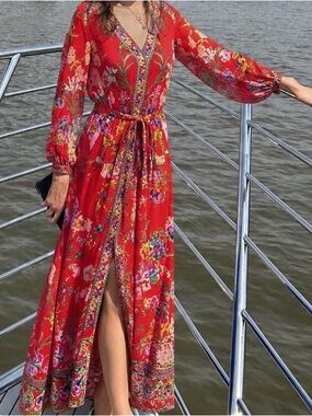Camilla Silk Maxi Dress “Ruffle Some Feathers” Red Floral Size M NWOT